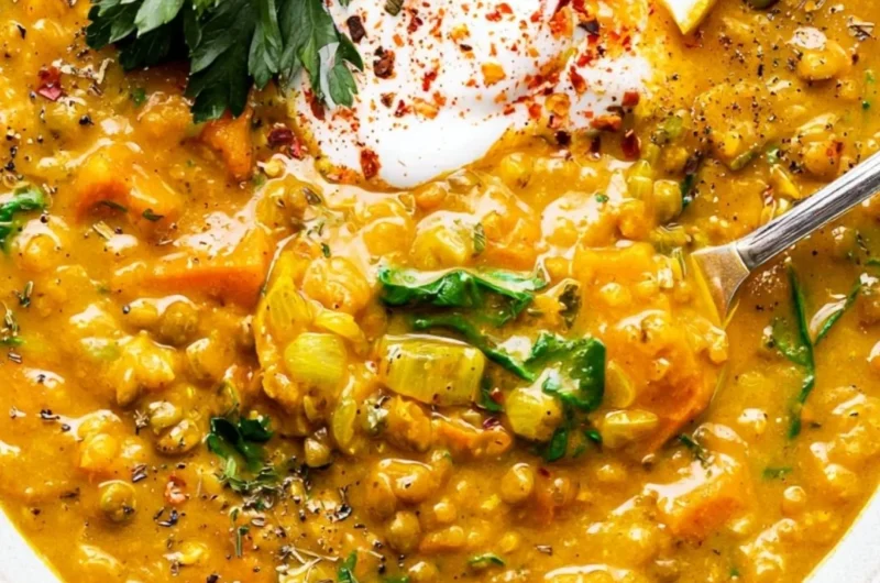 A bowl of turmeric lentil detox soup garnished with herbs, showcasing its vibrant color.
